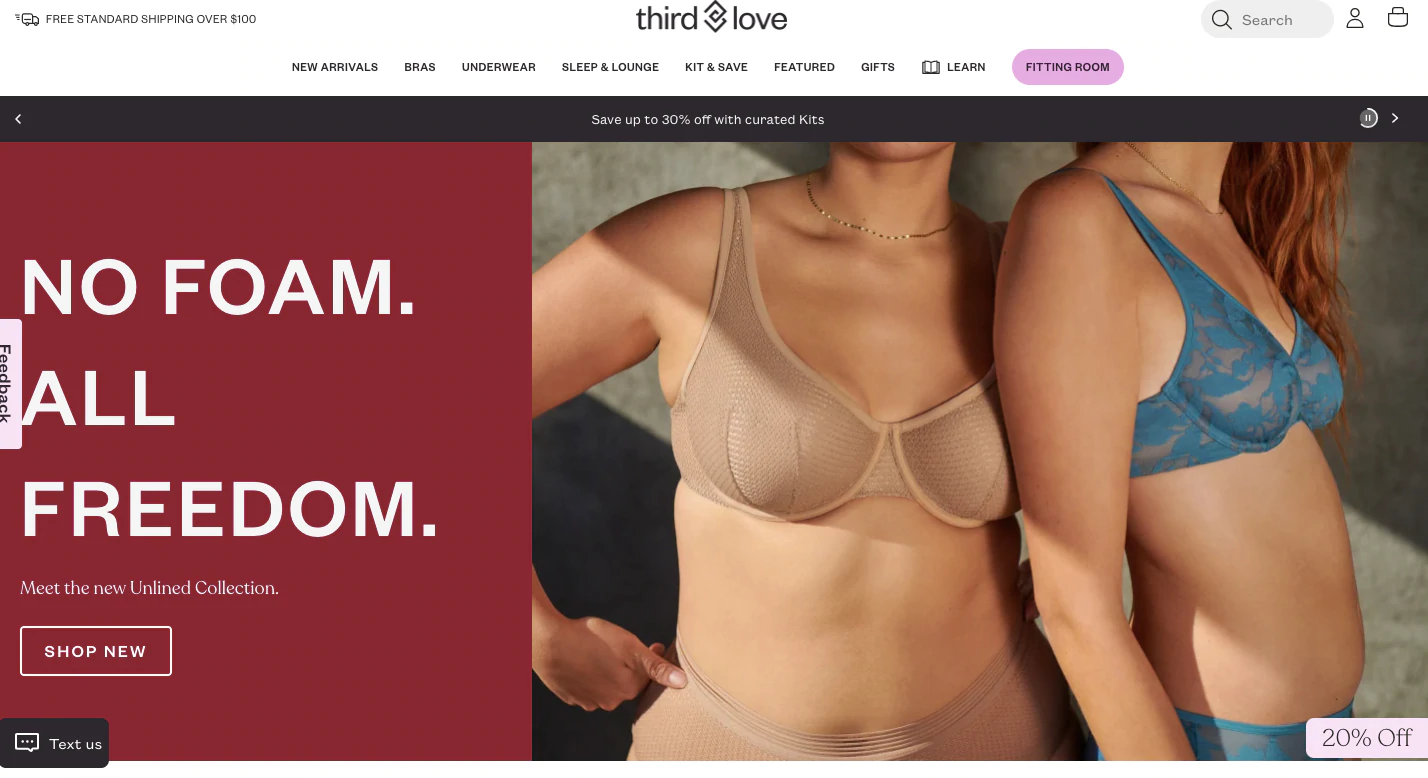 Die Website von ThirdLove verwendet durchgehend einen Photo-Forward-Ansatz