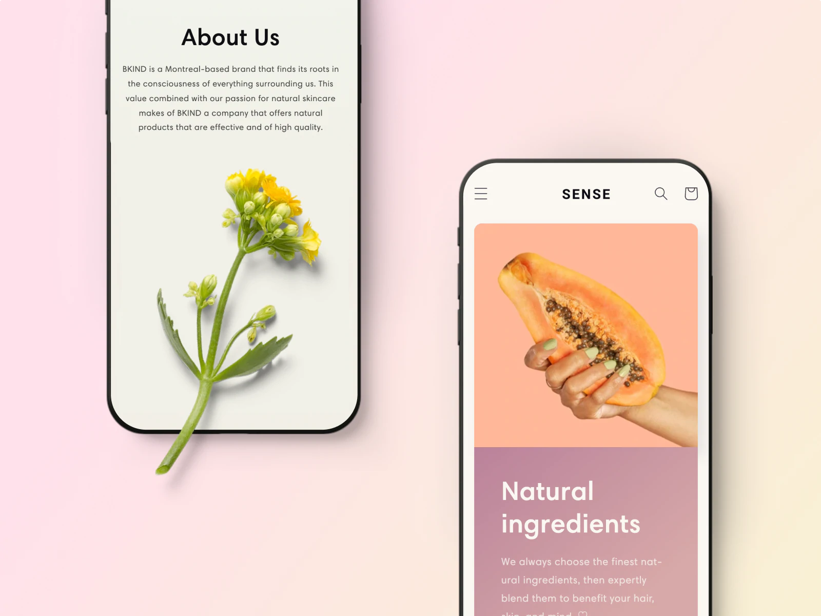 Предварительный просмотр темы веб-сайта Shopify Sense на двух мобильных телефонах