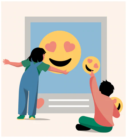 Illustration von Kindern, die Smileys mit Herzaugen-Emojis auf einem Fenster arrangieren, das wie ein sozialer Beitrag aussieht