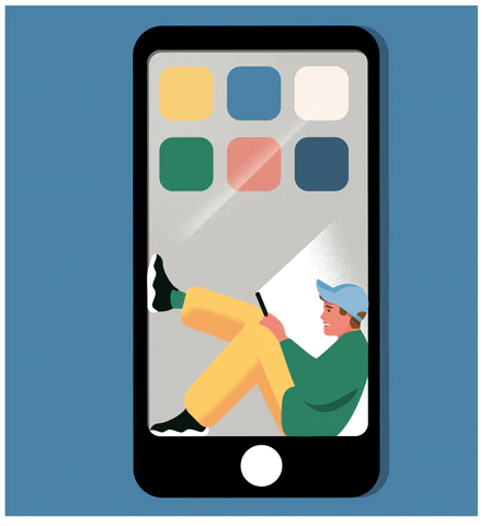 Illustration eines Kindes, das in einem Fenster sitzt, das einem Telefonbildschirm ähnelt