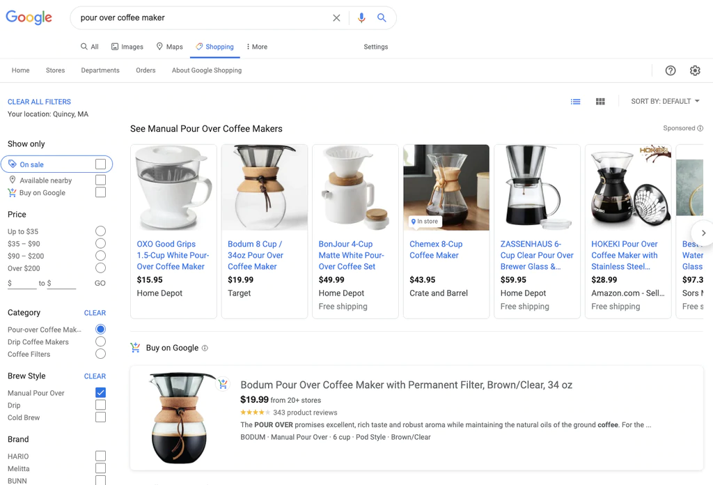 Beispiel für Shopping-Anzeigen auf dem Shopping-Tab in Google