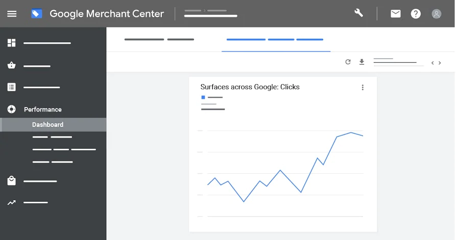 Ein Beispiel für das Google Merchant Center-Dashboard mit einem Beispieldiagramm für Oberflächen auf Google: Klicks