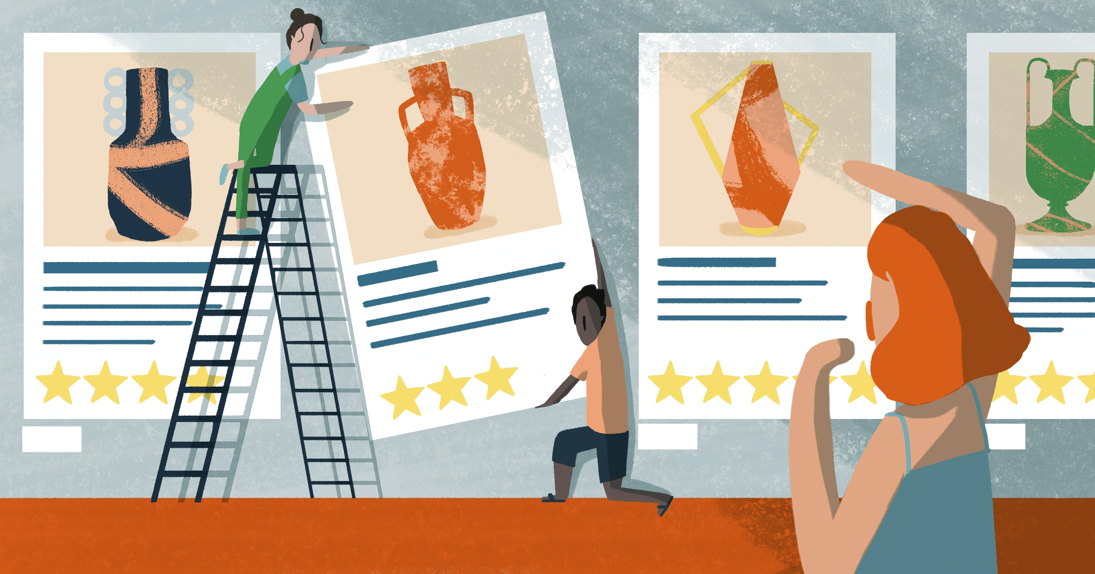 Abbildung von zwei Personen, die eine Anzeige auf ihrer Anzeigenwand positionieren, wobei eine Person im Vordergrund ihnen Anweisungen gibt