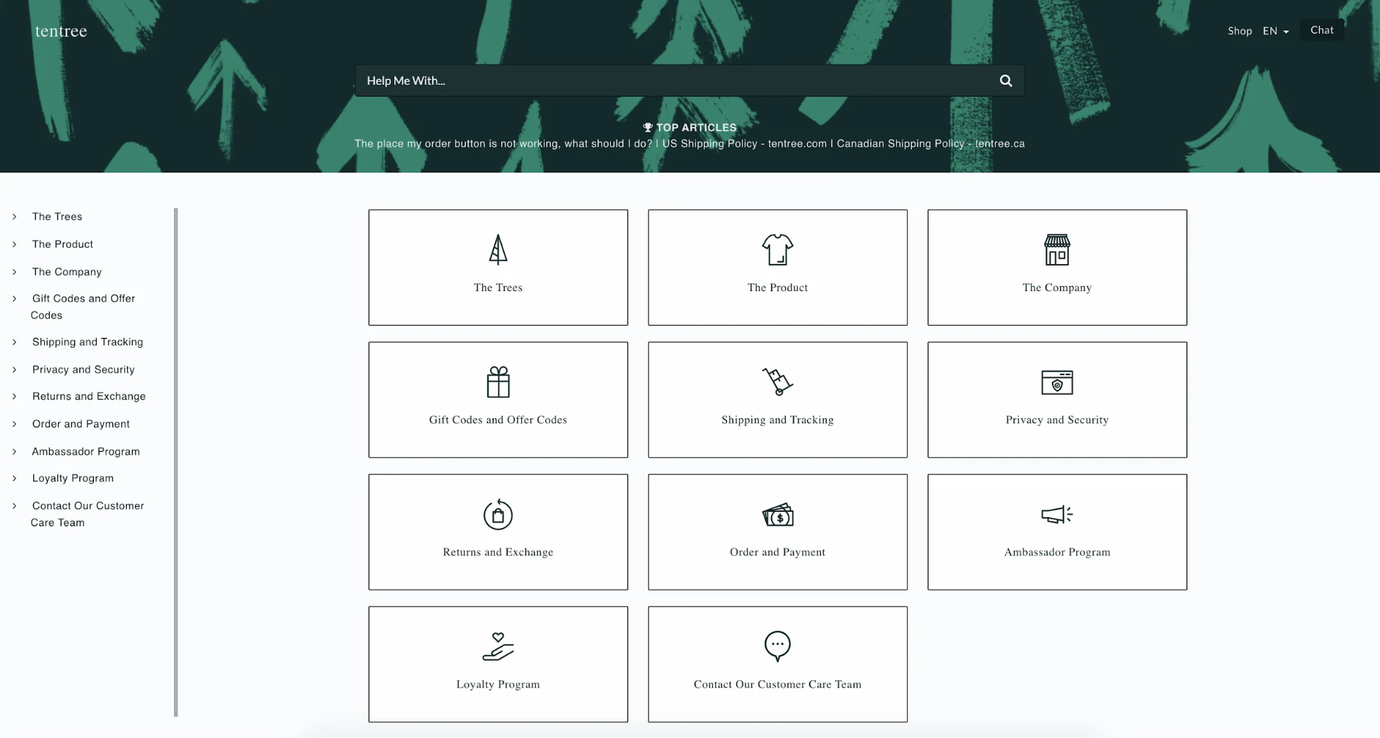 Tentree 도움말 센터의 스크린샷