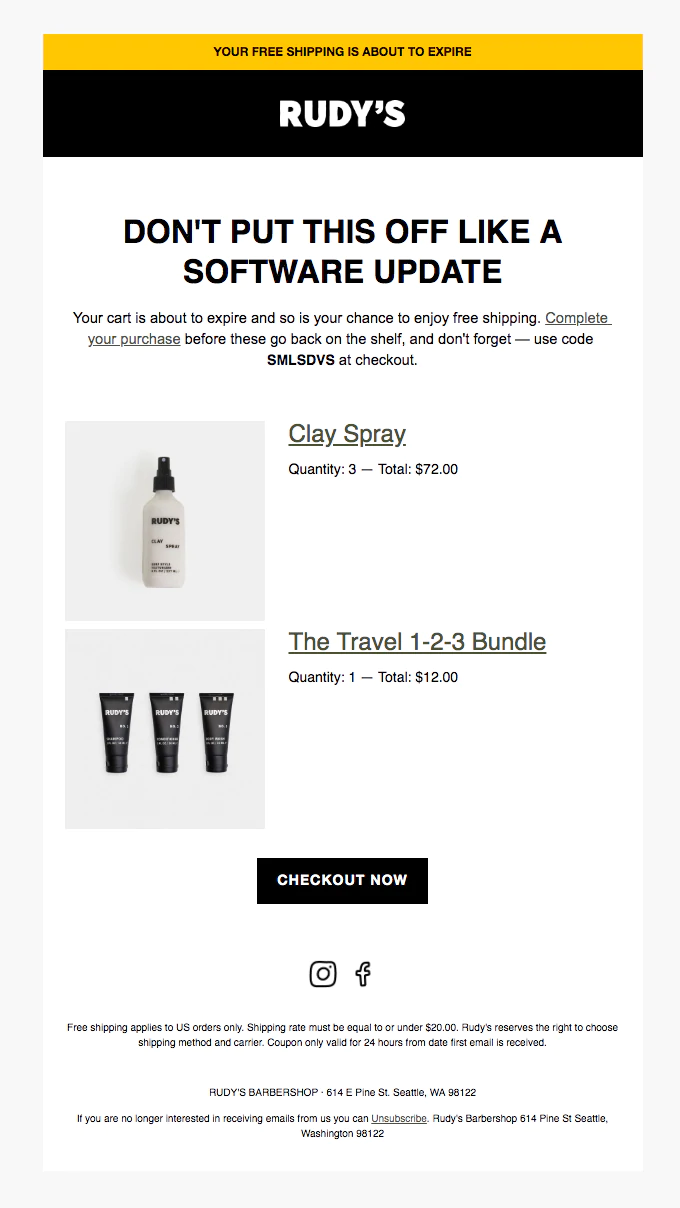 مثال على البريد الإلكتروني لاستعادة سلة التسوق رودي