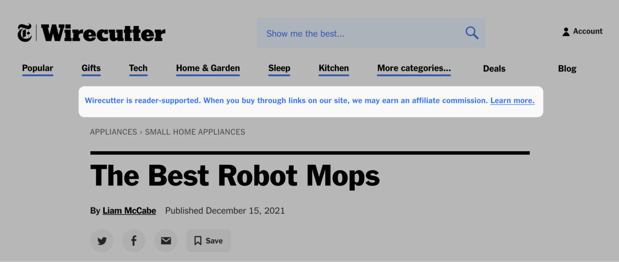 Exemplu de Wirecutter care plasează un link afiliat pe pagina sa pentru a genera clicuri