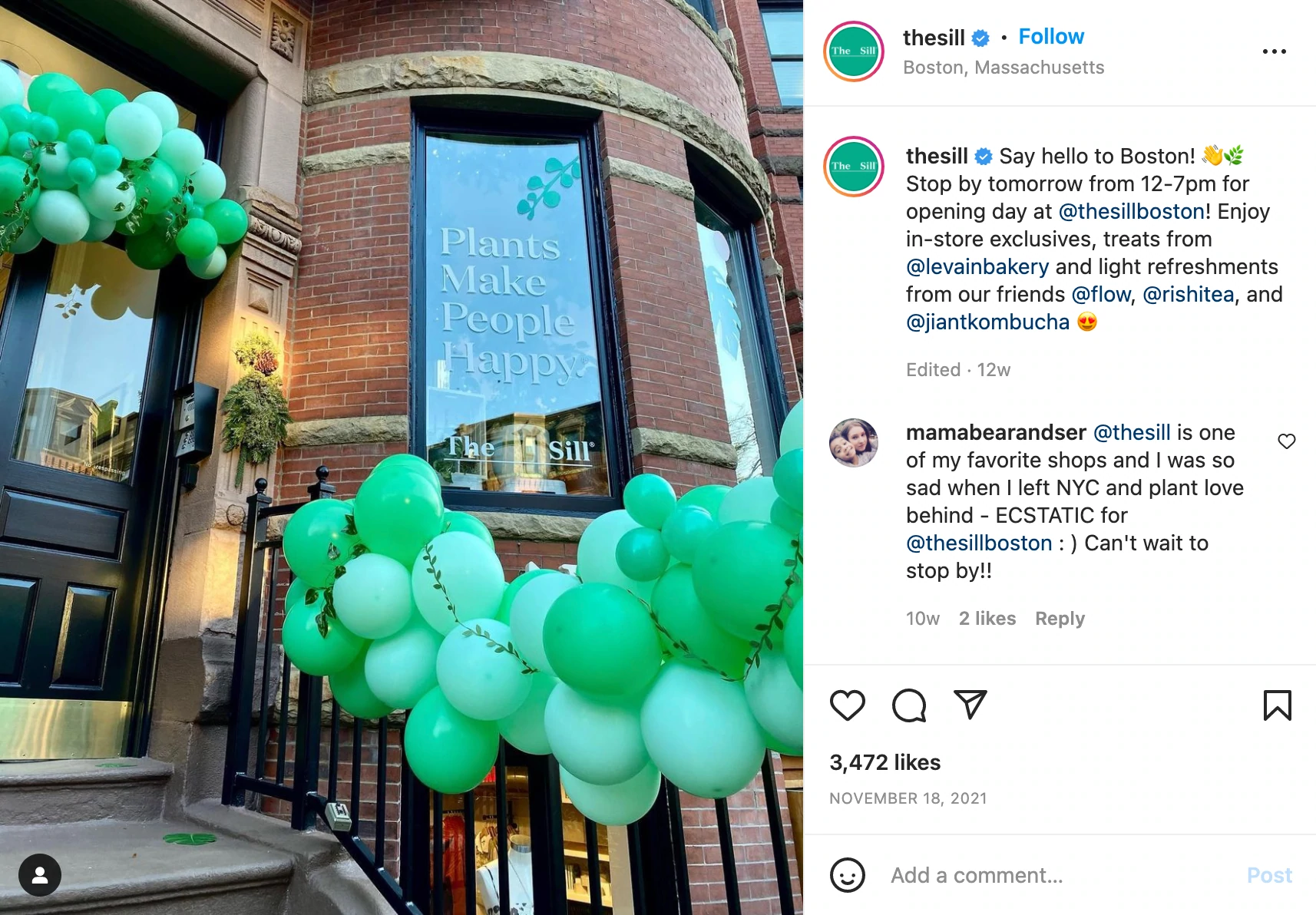 Пост в Instagram, объявляющий о торжественном открытии Sill