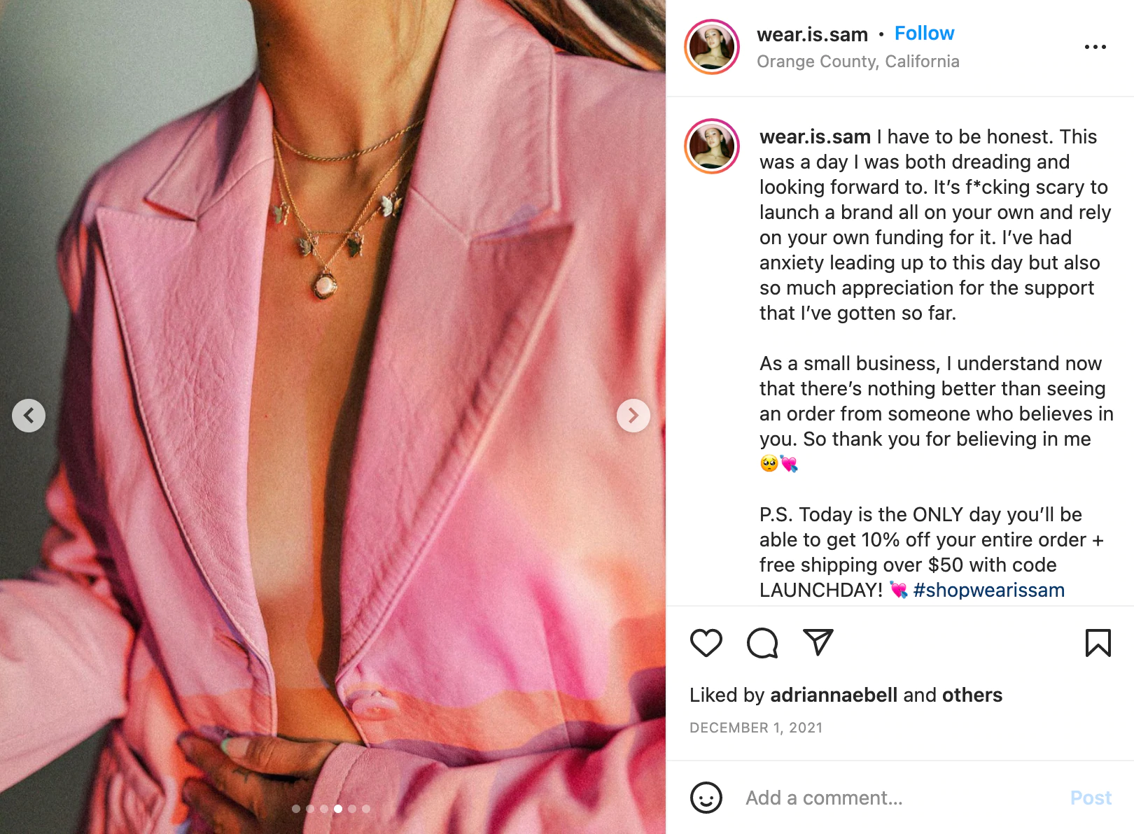 Пост в Instagram, рекламирующий запуск интернет-магазина Wear.is.sam