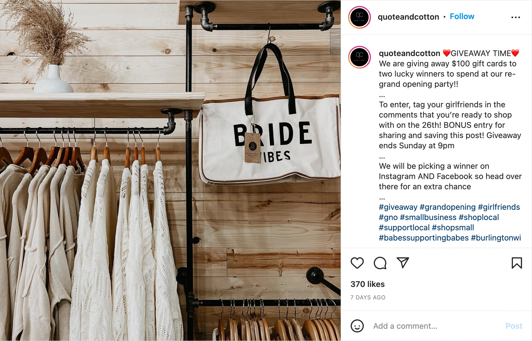 Пост в Instagram от Quote & Cotton, рекламирующий содержание торжественного открытия магазина.