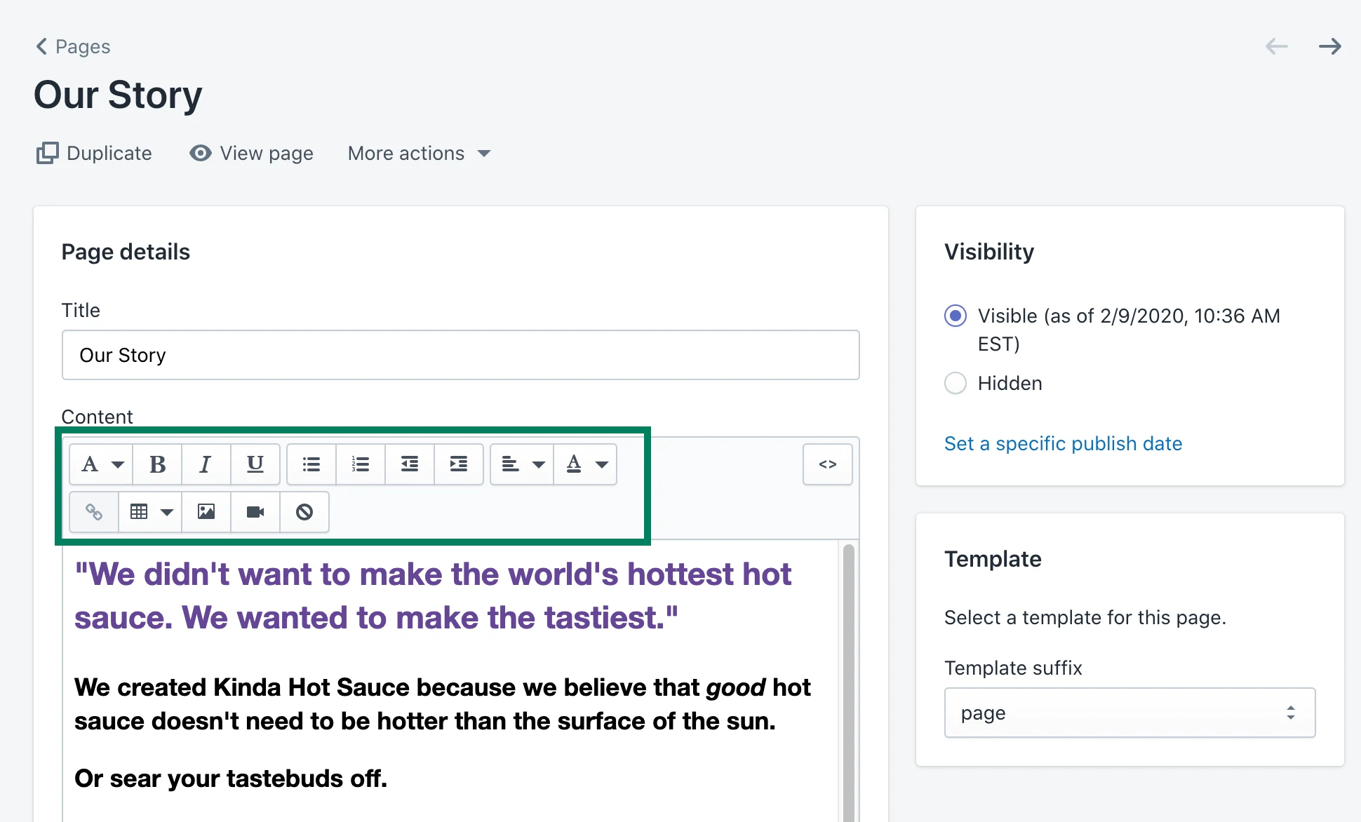 ページ例についてshopify