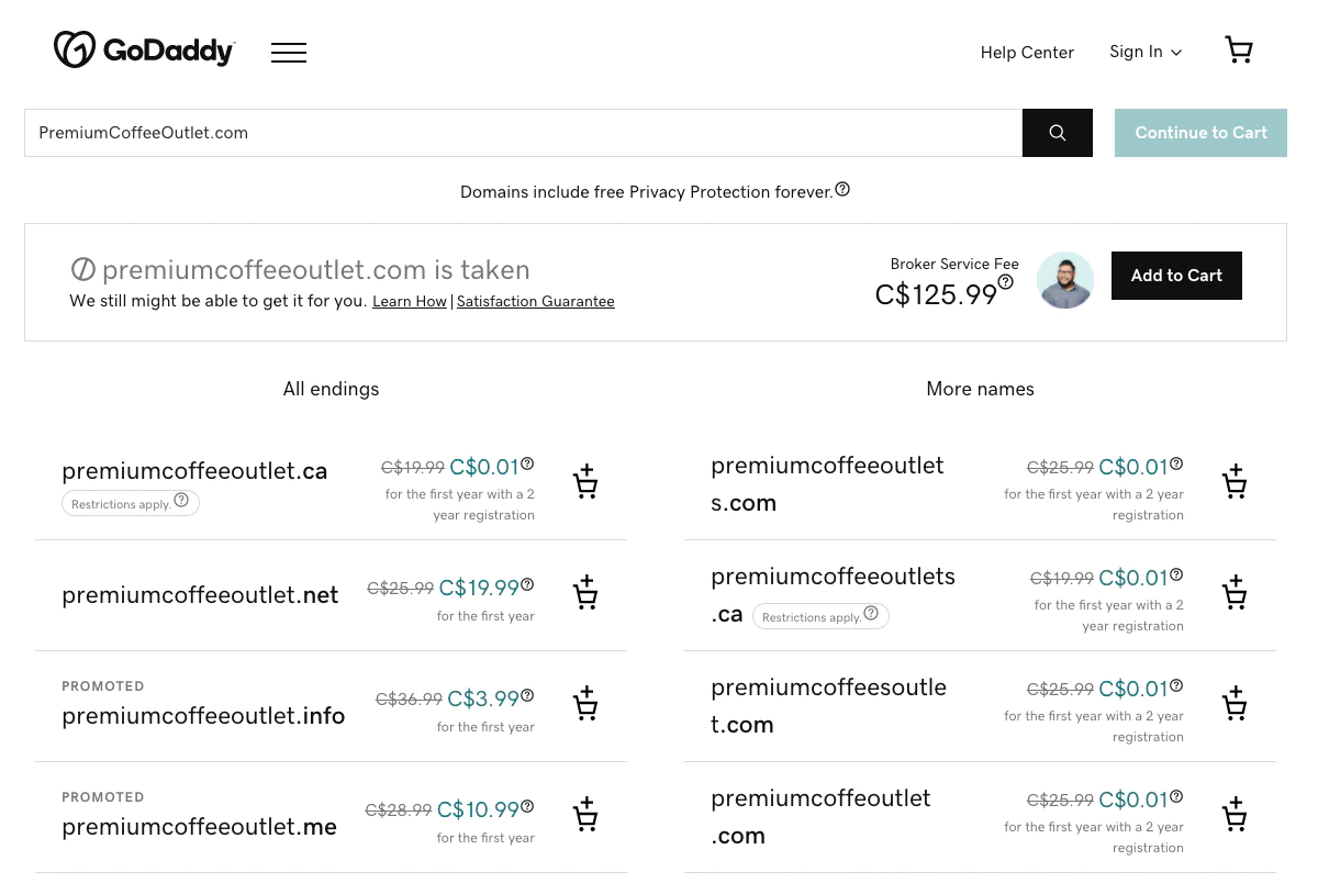 godaddy-domaine-recherche-capture d'écran