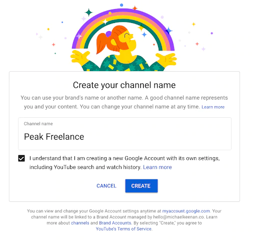 Wähle einen Kanalnamen und klicke auf ERSTELLEN