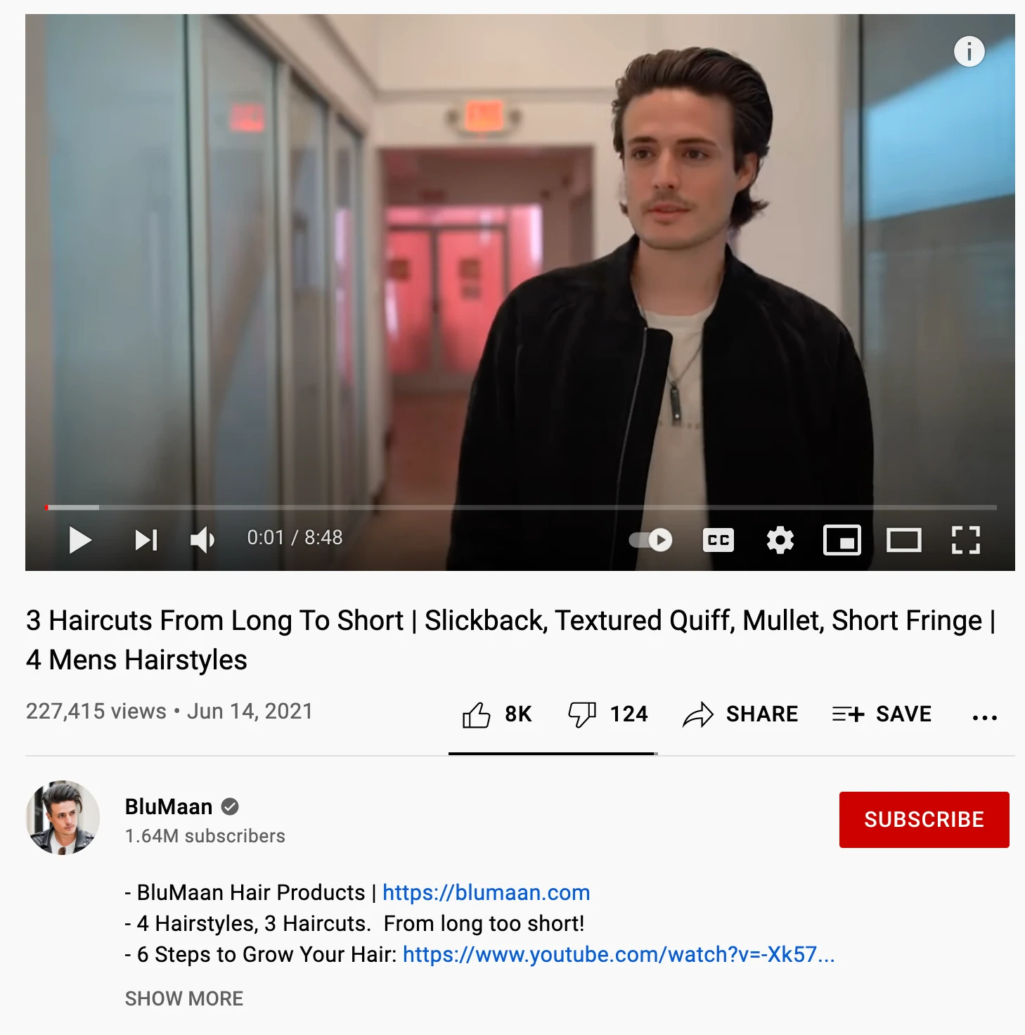 YouTube-Marketing-Beispiel für einen Vlog von BluMaan, in dem Eigentümer Joe Andrews seine Haare in drei verschiedenen Stilen schneiden lässt