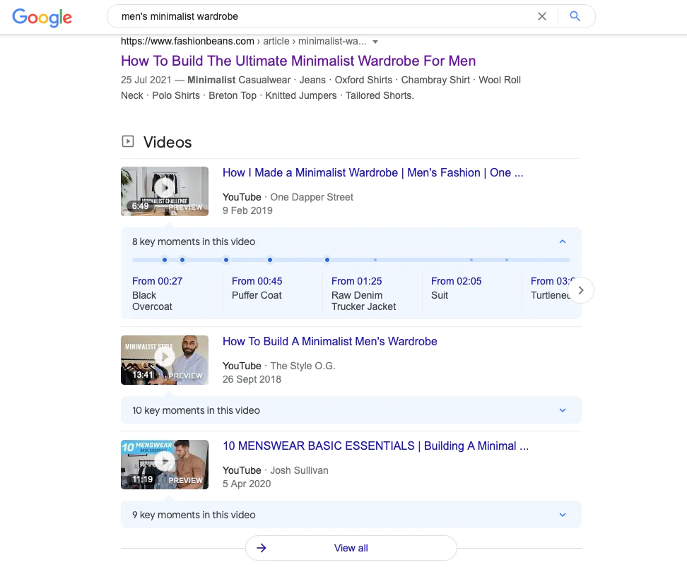 Beispiel für YouTube-Video-SEO, das in den Google-Suchergebnissen erscheint
