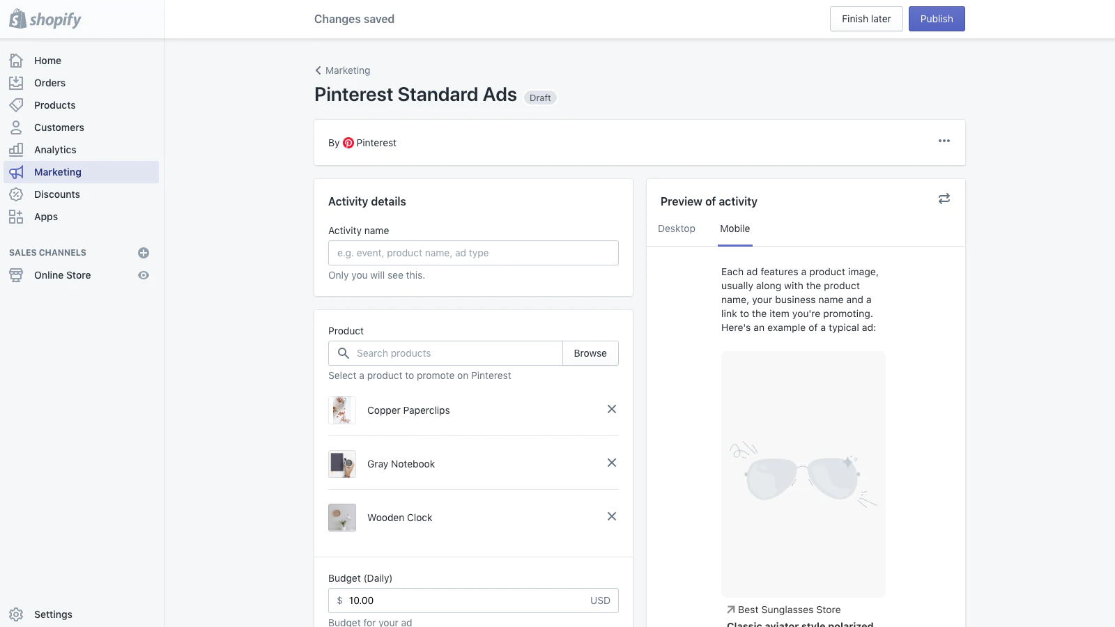 Shopify تطبيق Pinterest