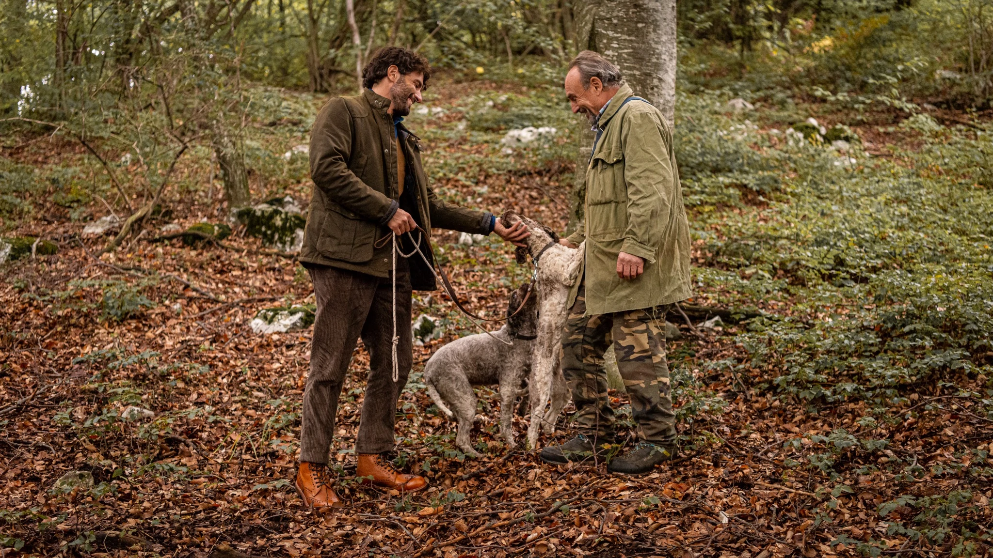 Dois homens passeando com seu cachorro na floresta usando sapatos Velasca.
