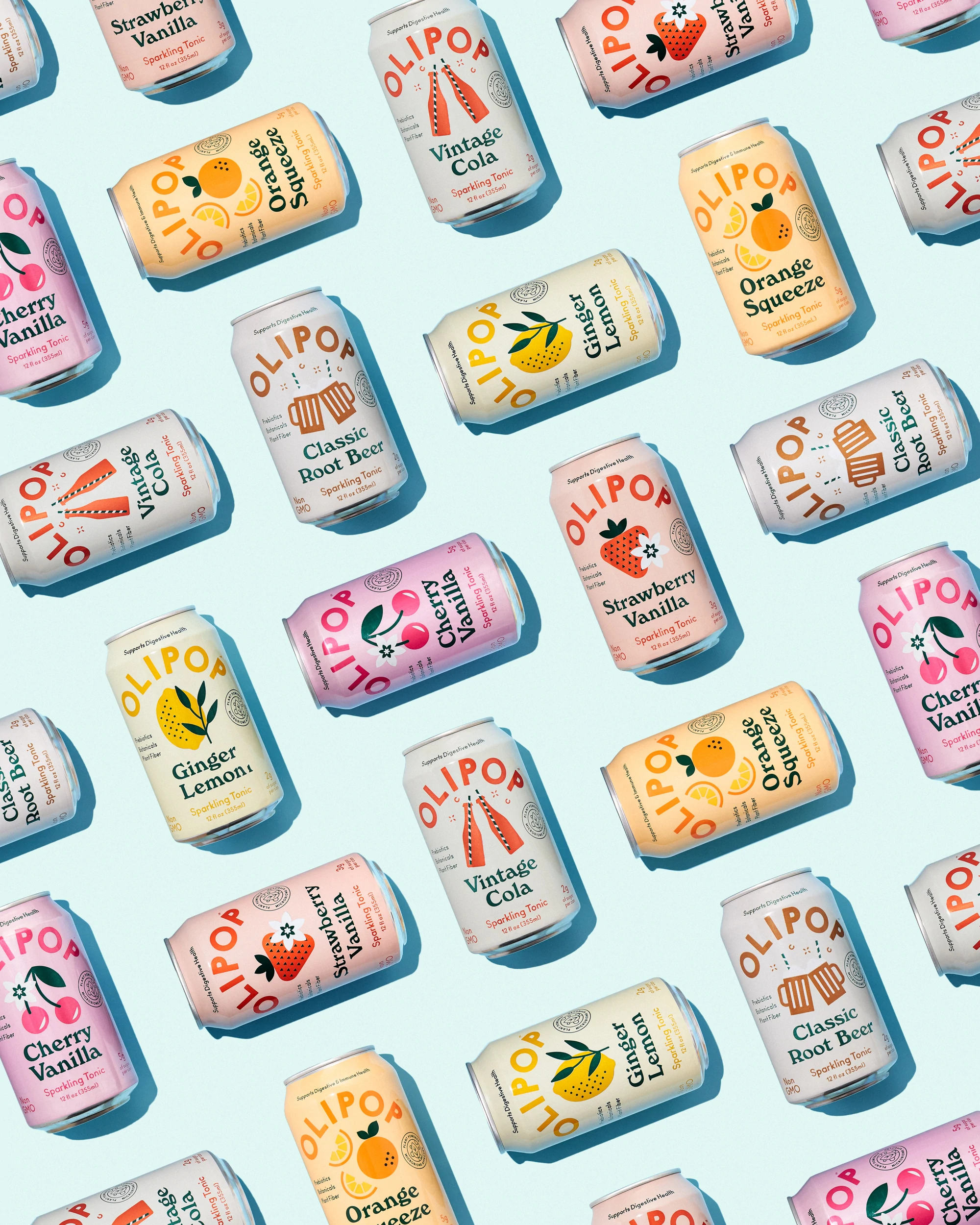 diferite conserve de olipop așezate în linii în zig-zag, pe fundal albastru baby