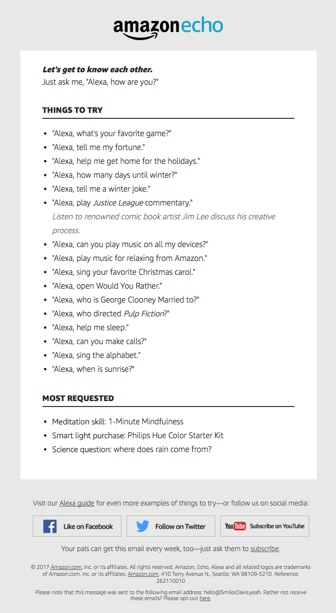 Willkommens-E-Mail von Amazon Echo