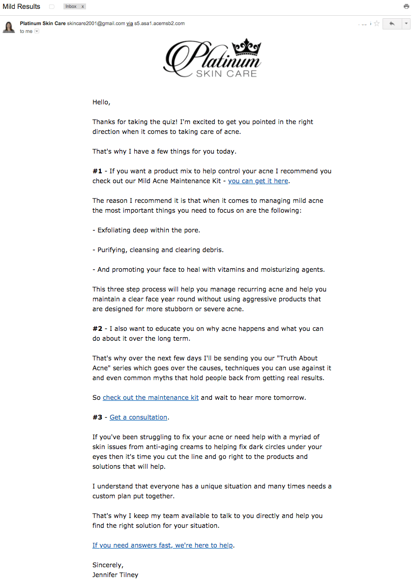 Willkommens-E-Mail-Beispiel für Platin-Hautpflege