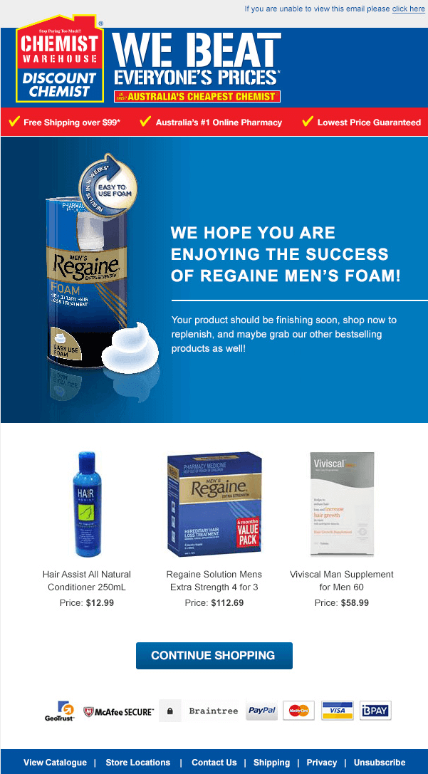 電子メールの動的コンテンツのChemistWarehouseの例