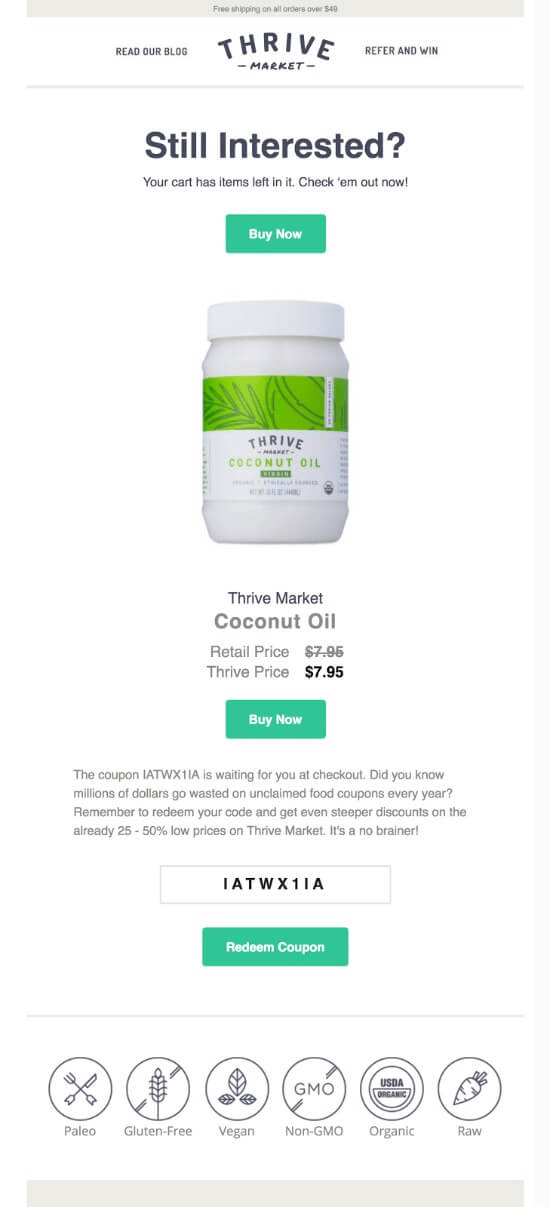 prospérer exemple d'e-mail de panier abandonné