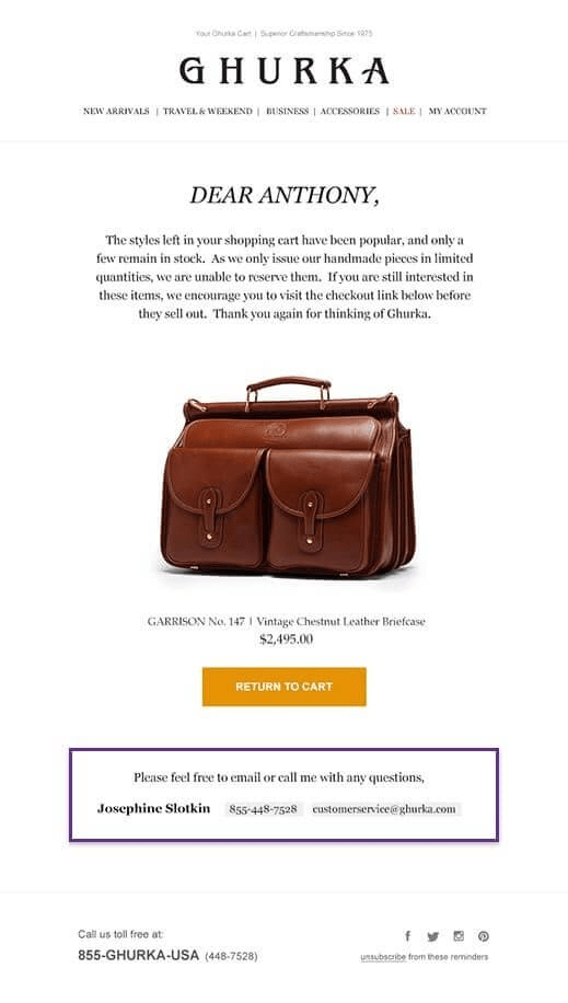 exemple d'email de panier abandonné ghurka