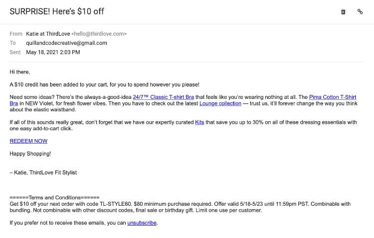 exemple d'e-mail de panier abandonné nu de thirdlove