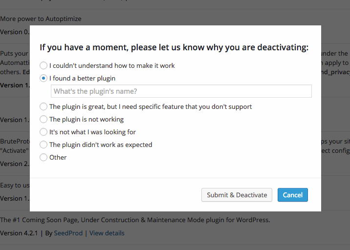 Freemius 卸载反馈表