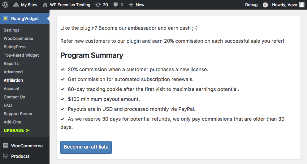 comercializando seu Programa de Afiliados diretamente no painel WP Admin