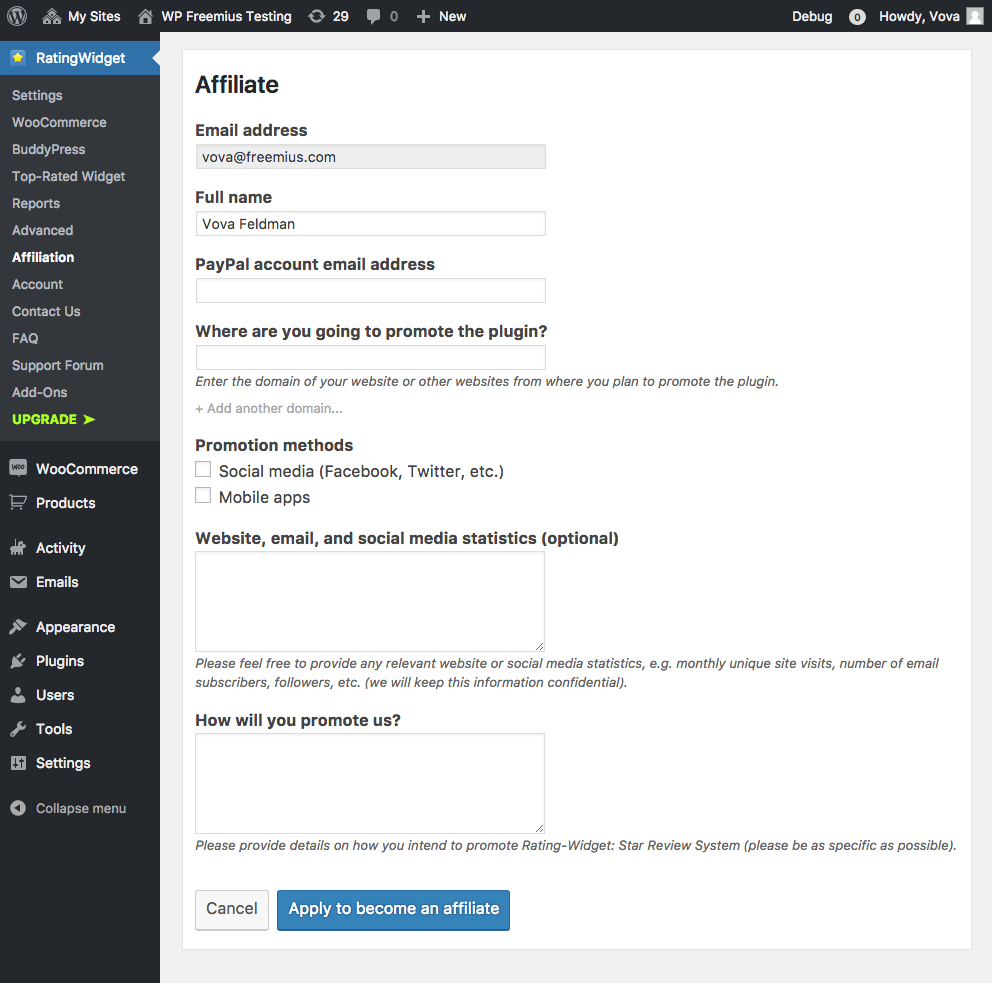 inclua o formulário de inscrição diretamente no WP Admin