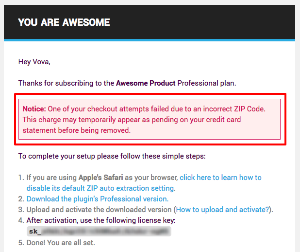 Freemius E-Mail nach dem Kauf – Hinweis auf ungültige Postleitzahl