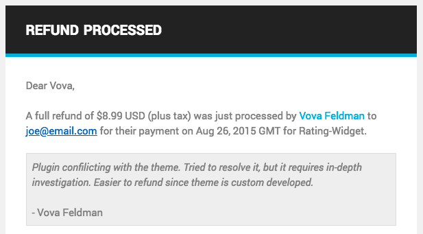Freemius-Entwickler-E-Mail – Rückerstattungsbenachrichtigung mit Grund