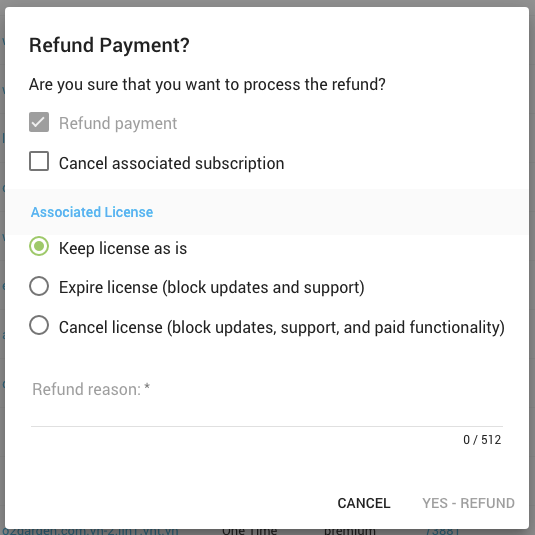 支払いの払い戻し-Freemius開発者ダッシュボード