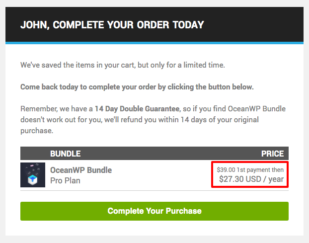更新割引付きのカート放棄回復メール