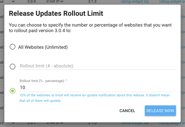 Limite de publication des déploiements par étapes de Freemius par pourcentage ou nombre de sites