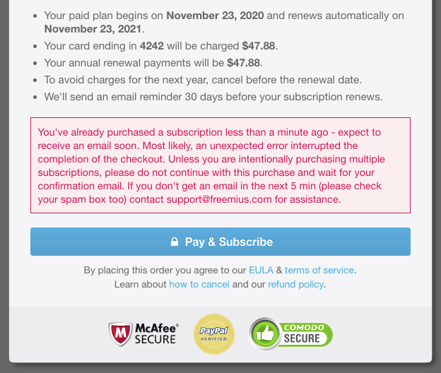 Freemius Checkout关于防止重复购买的通知