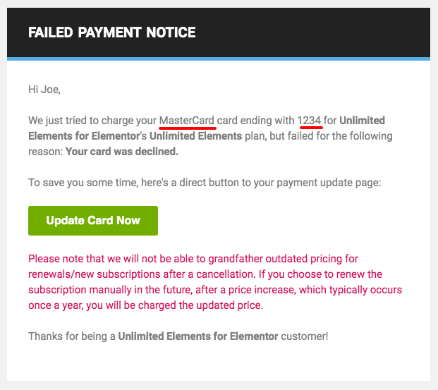 Freemius 付款失败通知，包括付款细节和担心失去当前定价通知