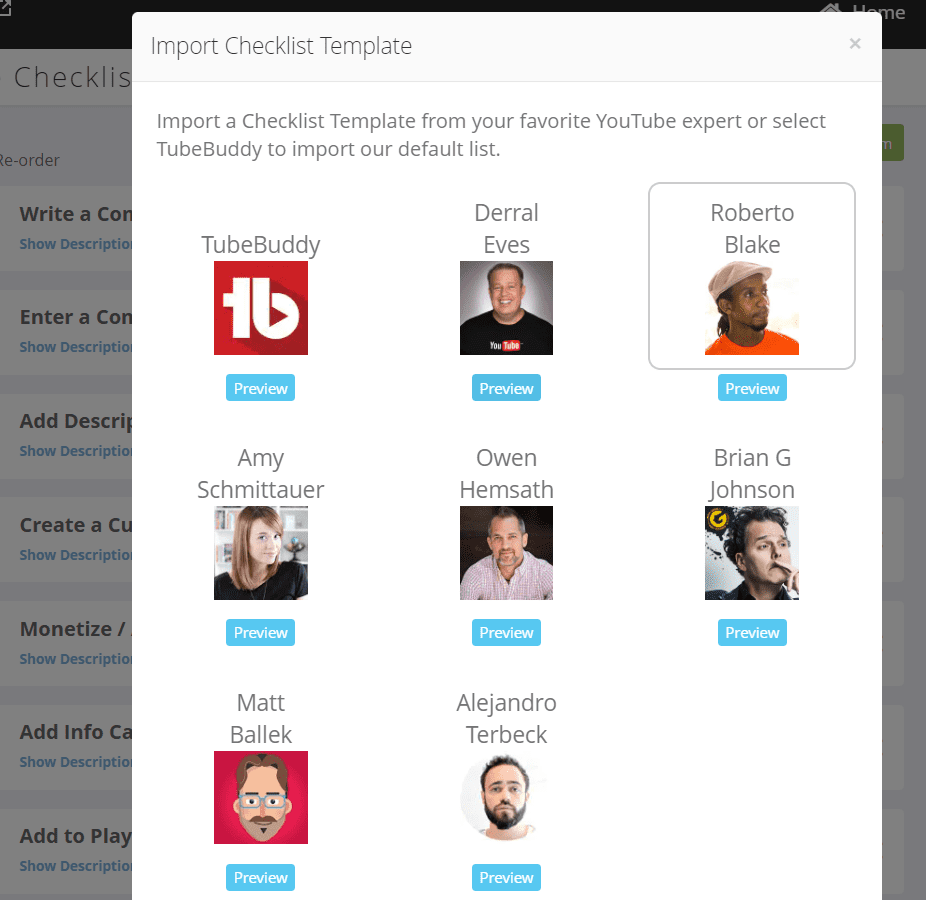 استيراد قوالب قائمة التحقق من TubeBuddy