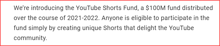 2021-2022 döneminde 100 milyon ABD doları tutarında YouTube Shorts Fonu