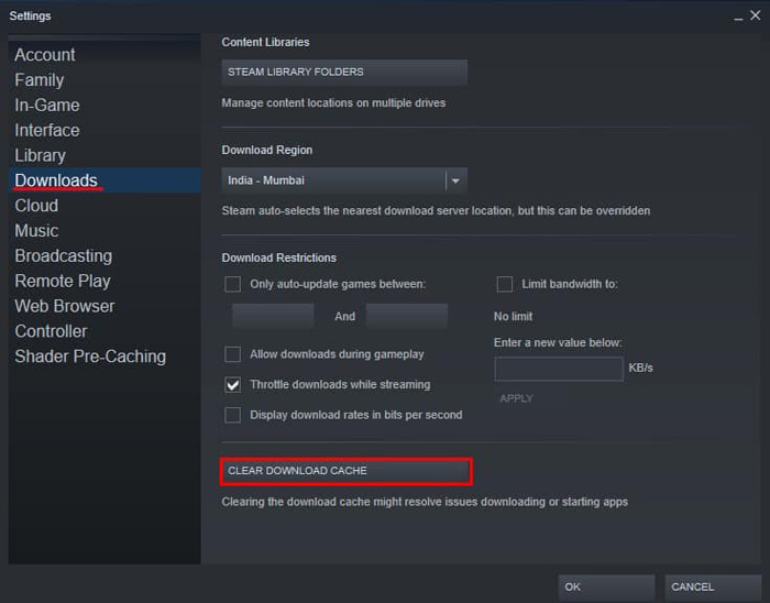 Borrar caché de descarga de Steam Steam Clear Download Cache