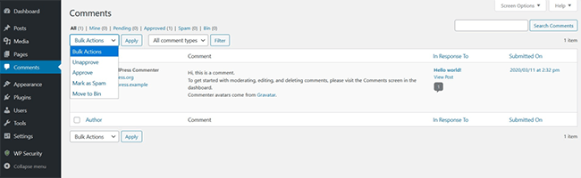 Opțiunea de gestionare în bloc a comentariilor