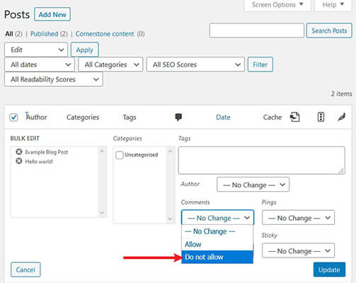 zbiorczo nie zezwalaj na komentarze