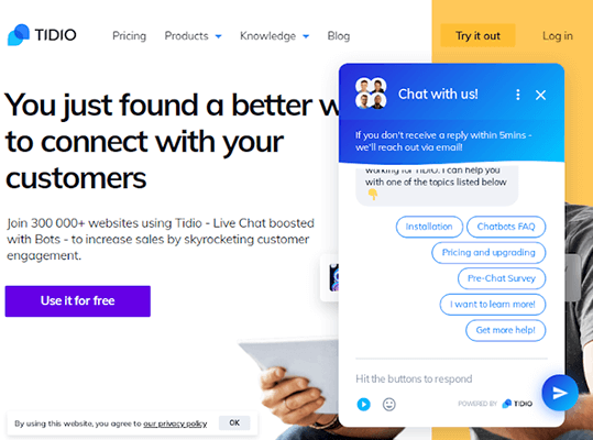 homepage della chat dal vivo di tidio