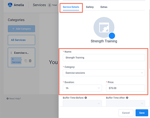 Adicionar imagem e detalhes para um serviço