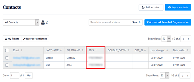 мобильные номера в контактах sendinblue