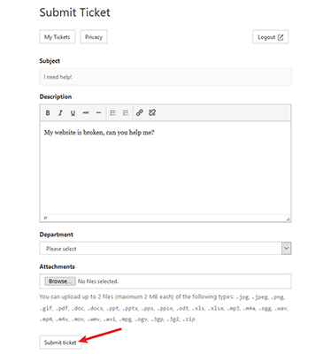 enviar ticket de soporte
