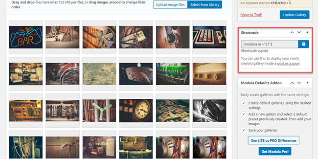 Скопируйте сгенерированный шорткод на страницу галереи