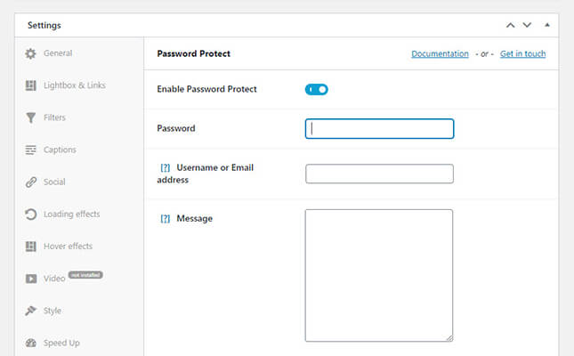Настройки защиты паролем