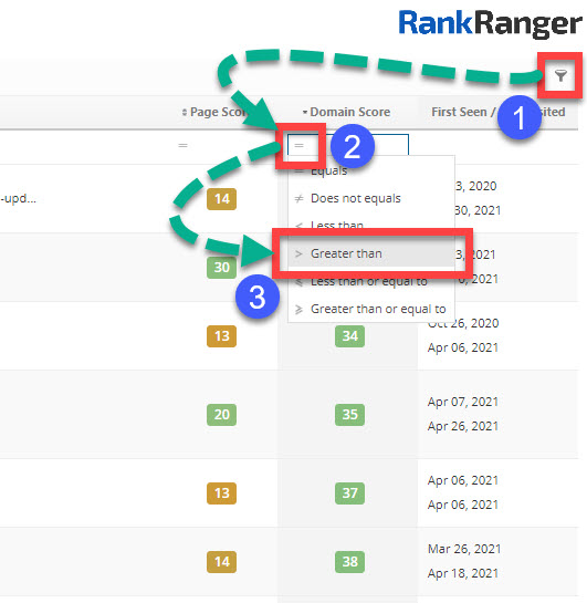 Usando os filtros do explorador de links do Rank Ranger