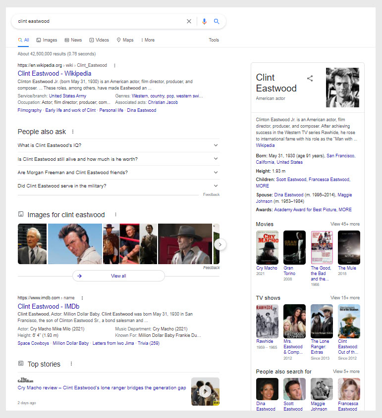 'clint eastwood'에 대한 결과를 보여주는 Google SERP